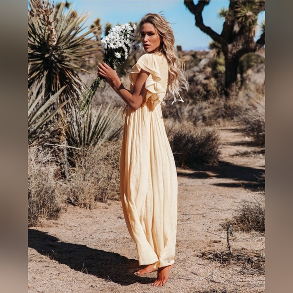 New Gauzy Cover Up Maxi Dress Button Front Deep Plunge Beige Ivory - Picture 2 of 10